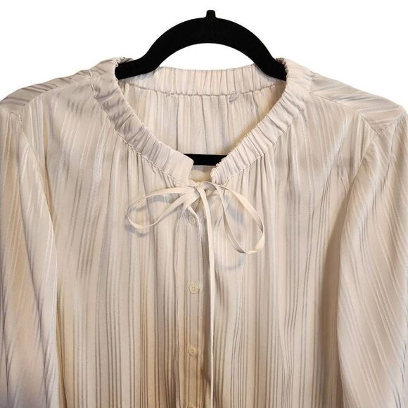 FRAME- Women’s Shirred Silk Neck-Tie Blouse in Off White, Size Large - Picture 3 of 13